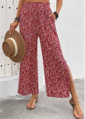 Ditsy Floral Print Flowy Wine Red Wide Leg Pants