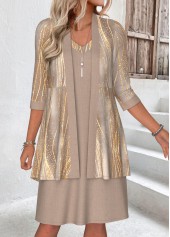 Marble Print Tummy Coverage Light Camel Dress and Cardigan
