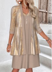 Marble Print Tummy Coverage Light Camel Dress and Cardigan