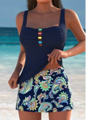 Mid Waisted Bohemian Print Cage Neck Navy Tankini Set