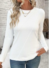 Tuck Stitch White Long Sleeve Round Neck T Shirt