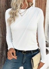 Tuck Stitch White Long Sleeve Round Neck T Shirt
