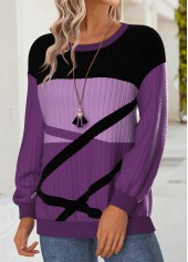 Geometric Print Tummy Coverage Purple Long Sleeve Sweatshirt