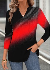 Ombre Curved Hem Red Long Sleeve Split Neck Blouse