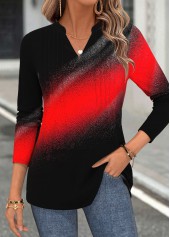Ombre Curved Hem Red Long Sleeve Split Neck Blouse