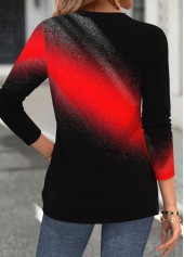 Ombre Curved Hem Red Long Sleeve Split Neck Blouse