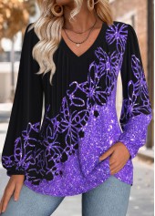Butterfly Print Tummy Coverage Purple Long Sleeve Blouse
