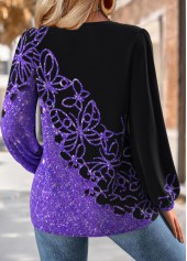 Butterfly Print Tummy Coverage Purple Long Sleeve Blouse