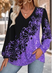 Butterfly Print Tummy Coverage Purple Long Sleeve Blouse