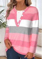 Striped Tummy Coverage Pink Long Sleeve T Shirt