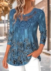 Tribal Print Tummy Coverage Peacock Blue T Shirt