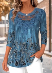 Tribal Print Tummy Coverage Peacock Blue T Shirt