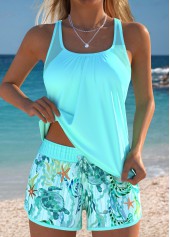 Plus Size Mid Waisted Cyan Tummy Coverage Tankini Set