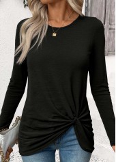 Twist Black Long Sleeve Round Neck T Shirt