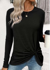 Twist Black Long Sleeve Round Neck T Shirt