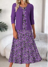 Ditsy Floral Print Tummy Coverage Purple Dress and Cardigan
