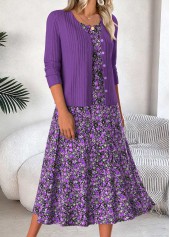 Ditsy Floral Print Tummy Coverage Purple Dress and Cardigan