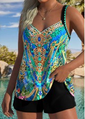 Mid Waisted Chain Print Tummy Coverage Green Tankini Set