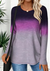 Ombre Curved Hem Purple Long Sleeve T Shirt