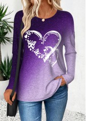 Ombre Curved Hem Purple Long Sleeve T Shirt