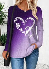 Ombre Curved Hem Purple Long Sleeve T Shirt
