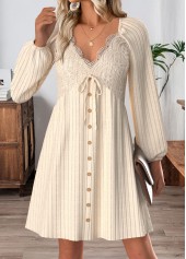 Tummy Coverage Beige Short Long Sleeve V Neck Dress