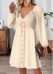 Tummy Coverage Beige Short Long Sleeve V Neck Dress
