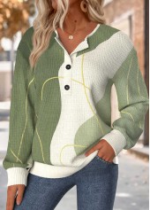 Geometric Print Tummy Coverage Sage Green Long Sleeve Sweatshirt