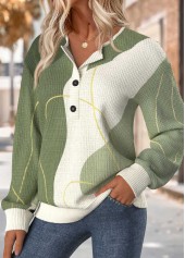 Geometric Print Tummy Coverage Sage Green Long Sleeve Sweatshirt