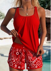 Mid Waisted Paisley Print Tummy Coverage Red Tankini Set