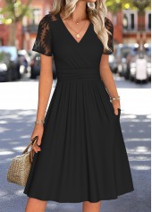 Tummy Coverage Black Short Sleeve V Neck Dress