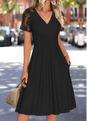 Tummy Coverage Black Short Sleeve V Neck Dress