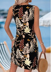 Plus Size Leaf Print Tummy Coverage Black Short Dress