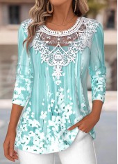 Floral Print Tummy Coverage Cyan Long Sleeve T Shirt