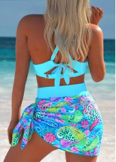 Mid Waisted Paisley Print Cyan Bikini Set