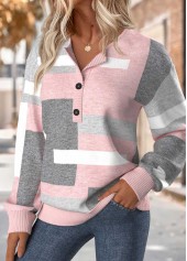 Geometric Print Tummy Coverage Light Pink Long Sleeve Sweatshirt