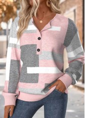 Geometric Print Tummy Coverage Light Pink Long Sleeve Sweatshirt