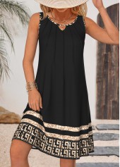 Tribal Print Tummy Coverage Black Sleeveless Round Neck Dress