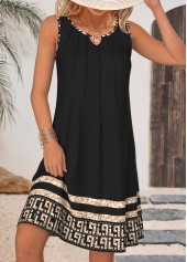 Tribal Print Tummy Coverage Black Sleeveless Round Neck Dress