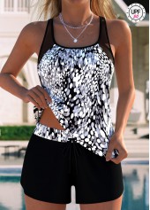 Mid Waisted Graffiti Print Tummy Coverage Black Tankini Set