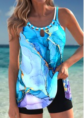 Graffiti Print Tummy Coverage Sky Blue Tankini Top-No Bottom