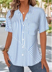 Striped Patch Pocket Light Blue Short Sleeve Shirt
