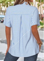 Striped Patch Pocket Light Blue Short Sleeve Shirt
