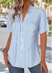 Striped Patch Pocket Light Blue Short Sleeve Shirt