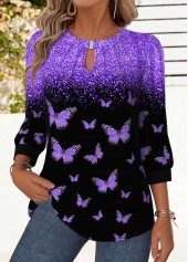 Animal Print Tummy Coverage Purple 3/4 Sleeve Blouse