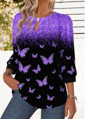 Animal Print Tummy Coverage Purple 3/4 Sleeve Blouse