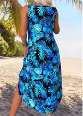 Leaf Print Tummy Coverage Blue A Line Sleeveless Dress