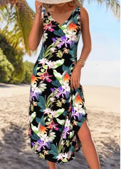 Floral Print Tummy Coverage Black A Line Sleeveless Dress