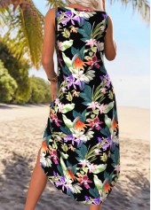 Floral Print Tummy Coverage Black A Line Sleeveless Dress