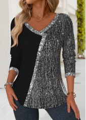 Patchwork Black Long Sleeve V Neck T Shirt